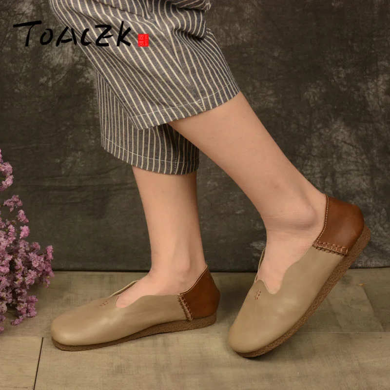 

Handmade leather women's shoes autumn new stitching color flats comfy slip-on loafers