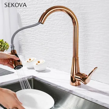 Rose Gold Kitchen Faucet Mixer Cold And Hot Deck Mounted Single Handle Pull Out Kitchen Sink Water Mixer Tap ulgksd kitchen faucet black brass pull out sprayer vessel sink faucet deck mounted hot and cold vanity faucets mixer water taps