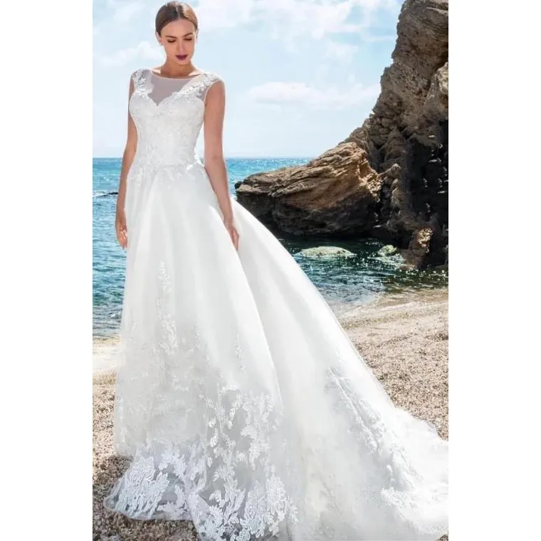 

Elegant White A-Line Wedding Dresses with Sheer Cap Sleeves Lace Appliques Back Bridal Gowns Custom Vestido De Noiva