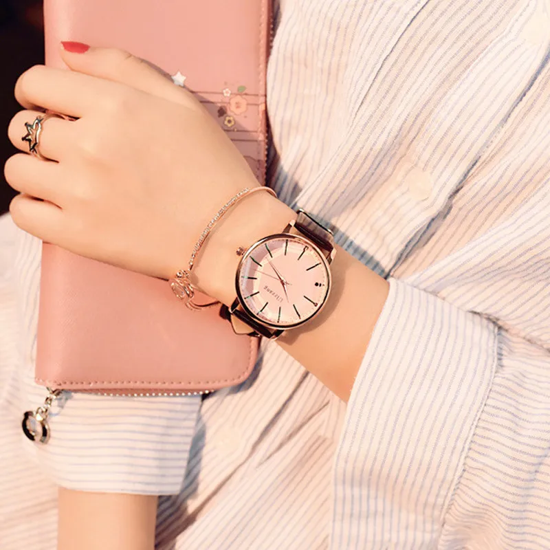 Полигональный циферблат дизайн женские часы Роскошная мода платье кварцевые часы ulzzang популярный бренд белые Наручные часы с кожаным ремешком - Цвет: Pink glass Brown