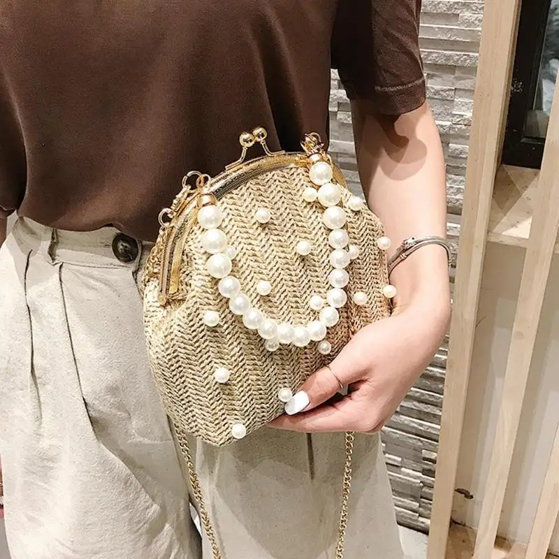 

Straw Woven Shoulder Messenger Handbags Women Pearls Decor Snap Chain Small Crossbody Bags for Ladies Travel Totes 2019 New