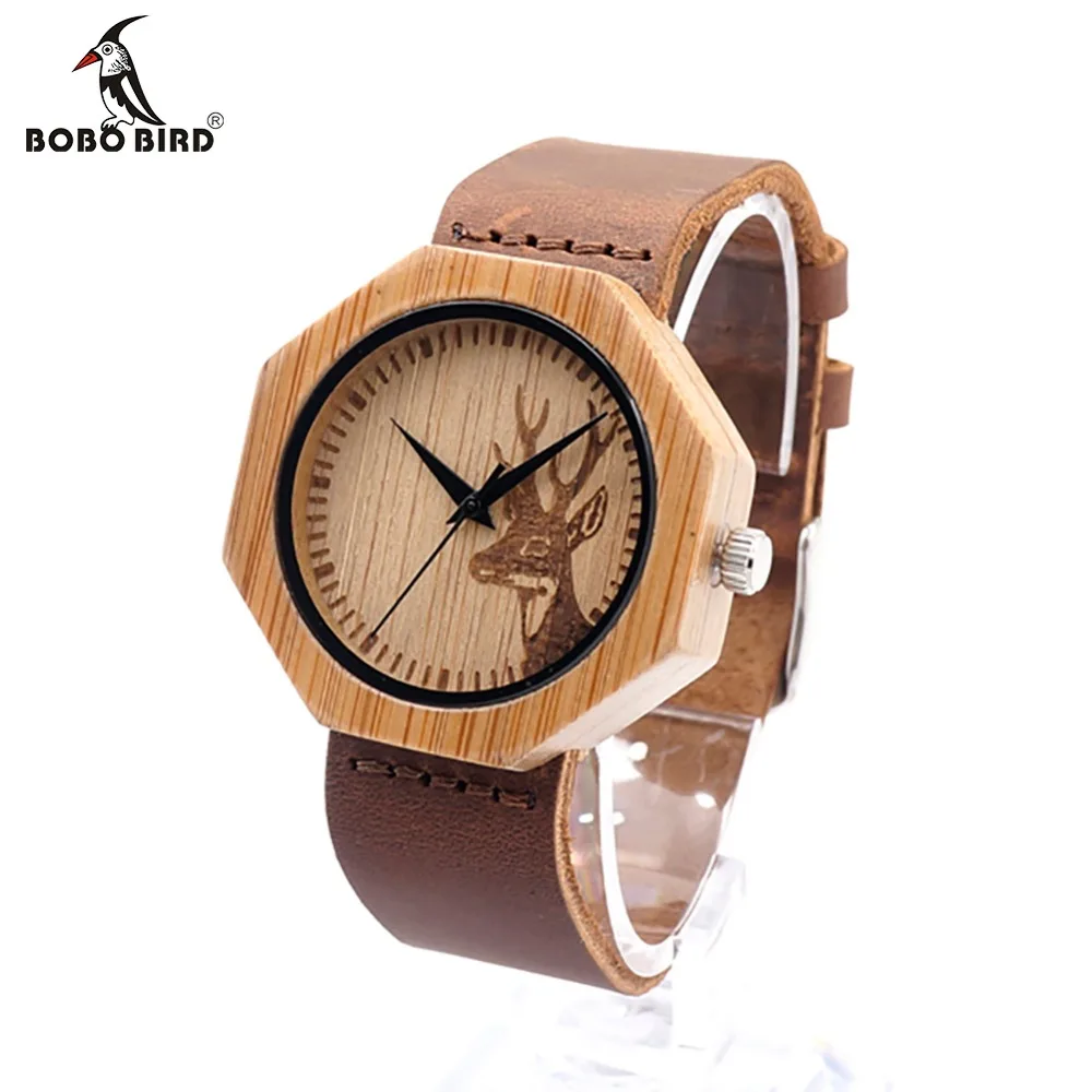 

BOBO BIRD A14 Women Watches Top Brand Luxury Octagonal Bamboo Wooden Elk Deer Dial Quartz Watches Soft Real Leather Straps
