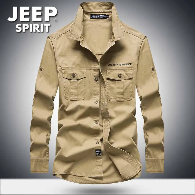 

JEEP SPIRIT Plus Size M-5XL Men Shirt Military Casual Long Sleeve Turn-down Collar Shirt Men With Pockets Cotton Mens Shirts