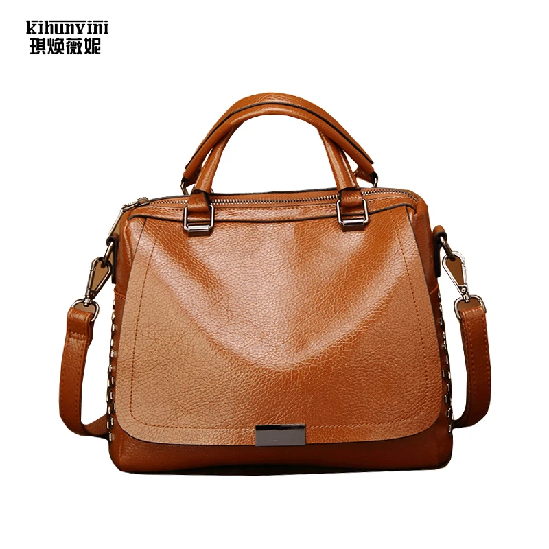 Handbag Women Rivets Hot Sale Vintage Oil Leather Female Purse Boston Shoulder Bag Ladies Lichee