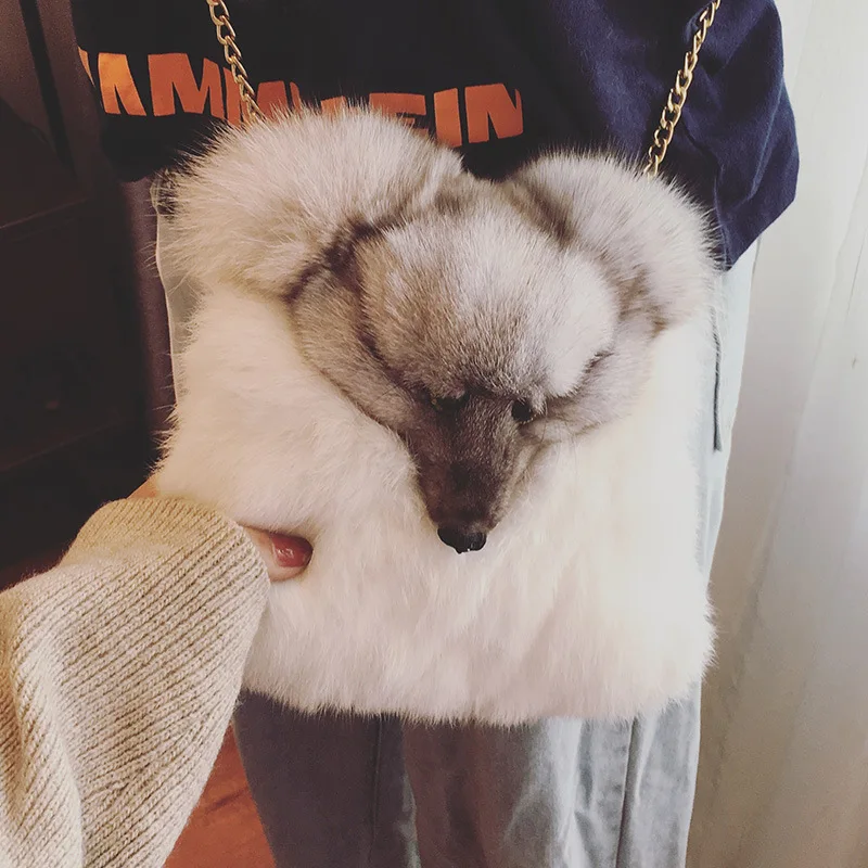 

Women chain Shoulder Bags Fox head design Handbags Rabbit Fur Fashion High Quality Women Hanbag