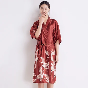 

Burgundy Women Rayon Long Robe Wedding Bride Bridesmaid Dressing Gown Summer Kimono Bathrobe Print Sleepwear Home Clothes