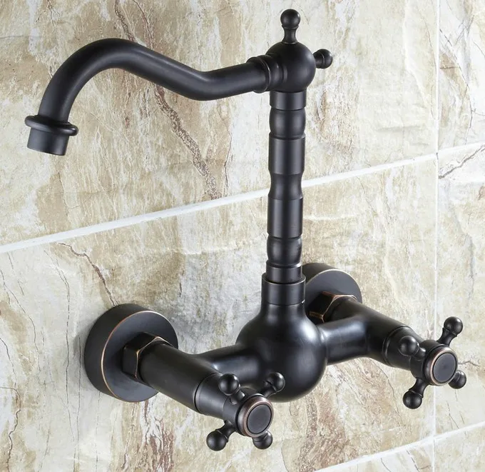 Black Oil Rubbed Bronze Wall Mounted Dual Cross Handles Swivel Spout Bathroom Kitchen Sink Faucet Cold & Hot Mixer Tap asf072