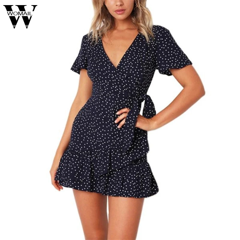 

Womail 2019 New Summer Dress Womens Casual Fashion Sexy Dot Print Bow Ruffles Bohe Party Dress For Ladies Dropship May21 Vestido