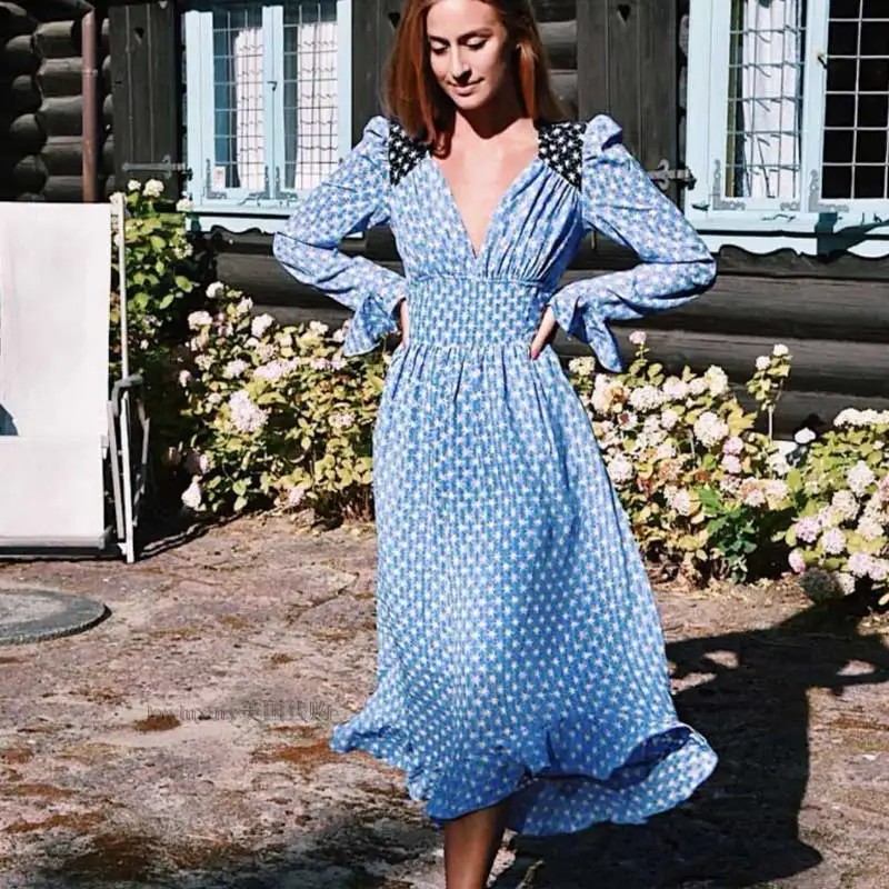 BOHO Вдохновленный синий звезды печатное платье для женщин ruffled макси 2019 весна лето