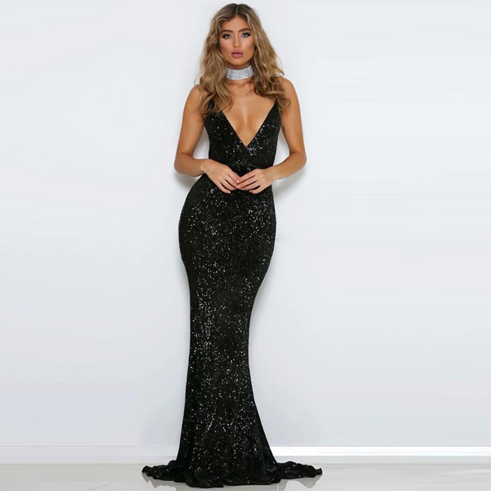 

Sexy Black Shiny Sequin Party Dress Tight Package Hips Padded V Neck Hollow Out Maxi Dress Bodycon Full Lining Stretch Dress