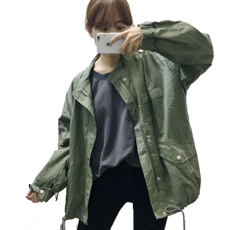 

Big Pocket Casual Coats Long Sleeve Vintage female Jacket Women Europe Army Green Zipper Jacket Loose jaqueta feminina Coat