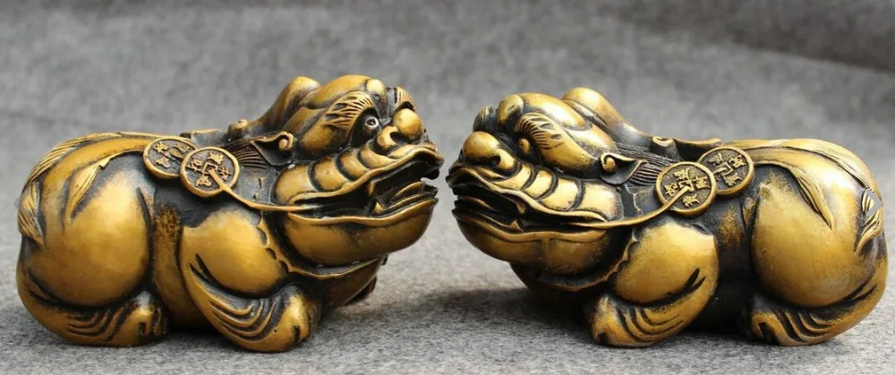 

zhaorui488424+ + Chinese Bronze Animals FengShui Wealth Coin Mythical PiXiu Statue Lion Pair