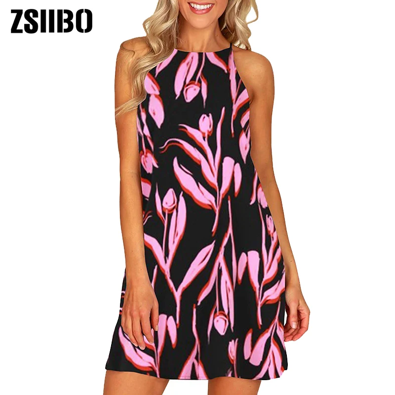 

ZSIIBO Women's Halter Neck Boho Floral Print Loose Casual Sleeveless Short Dress drop shipping