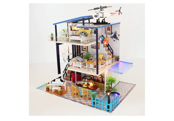 Large DIY Doll House CASA DE BONECA Miniature Diy Puzzle Toy Wooden Furniture Villa House Model Assembled Toys Blue Ocean