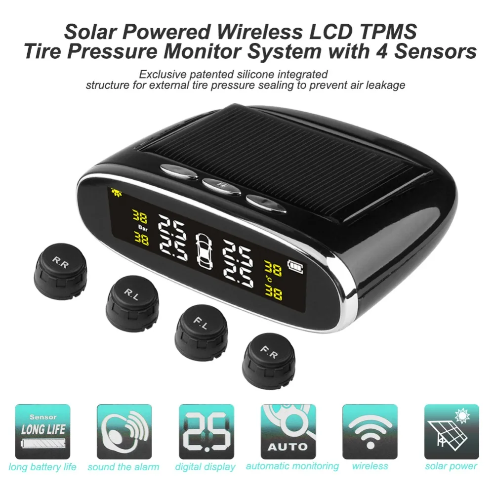 

VODOOL Solar Charging TPMS Wireless Digital LCD Display Tire Pressure Monitor System with 4 Sensors Auto Security Alarm