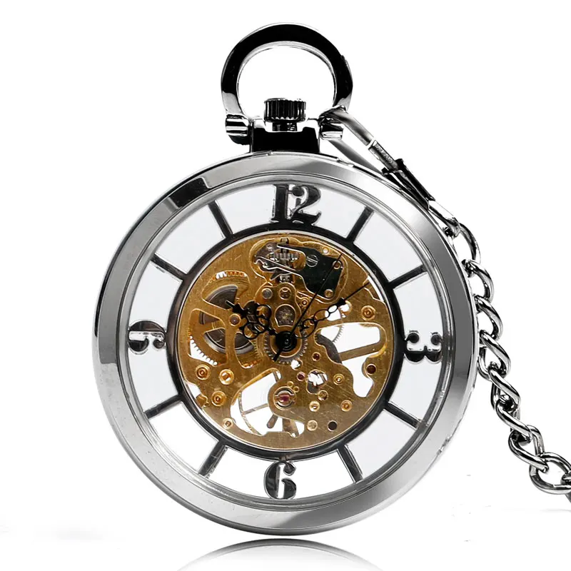 

2016 New Arrival Silver Open Face Numbers Dial Skeleton Pocket Watch Mechanical Hand Wind Fob Clock Relogio De Bolso