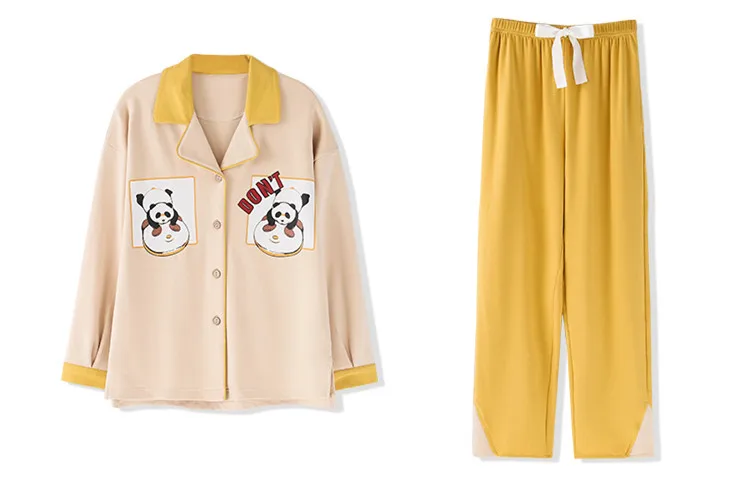 JRMISSLI/100% хлопковый осенний пижамный комплект, женская пижама с пандой, рубашка с длинными рукавами и штаны, комплект из 7 предметов
