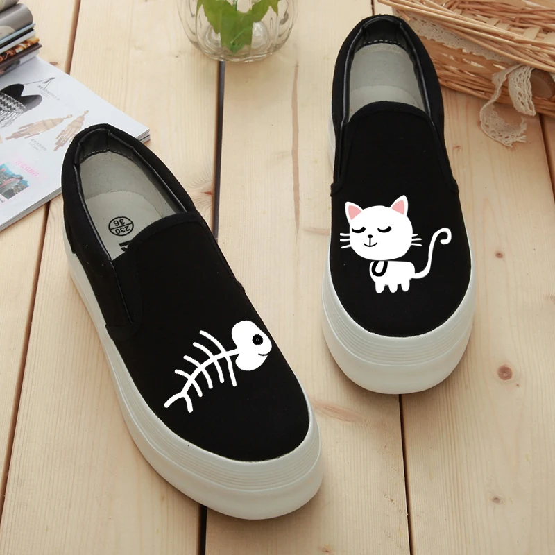 

Hand Painted Canvas Shoes Woman Creepers 2019 Spring Autumn Cartoon Cat Print Loafers Women Espadrilles Platform Shoes