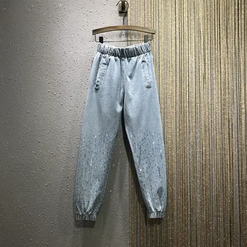 

hot-drilled nail beads women jeans autumn new shine loose lantern denim solid blue jeans street wear bottomings top quality