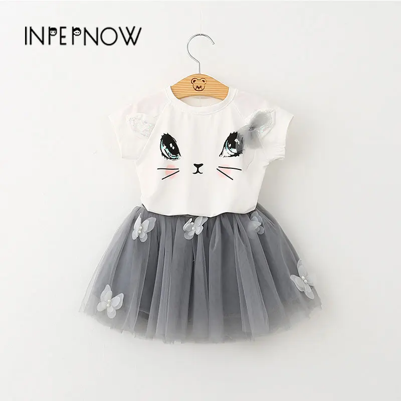 

INPEPNOW Spring & Summer girls dresses for party and wedding Short Sleeve Set Cute Cat T-shirt Puffy Baby kids dresses LYQ-CZX40
