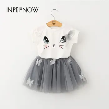 

INPEPNOW Spring & Summer girls dresses for party and wedding Short Sleeve Set Cute Cat T-shirt Puffy Baby kids dresses LYQ-CZX40