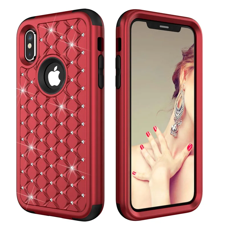 Bling Diamond Shockproof  Armor Case For iphone 11 12 13 Pro XS Max 8 7 Plus Cover 3 in 1 Silicon & PC Full Protection Back Case case for iphone 13 mini