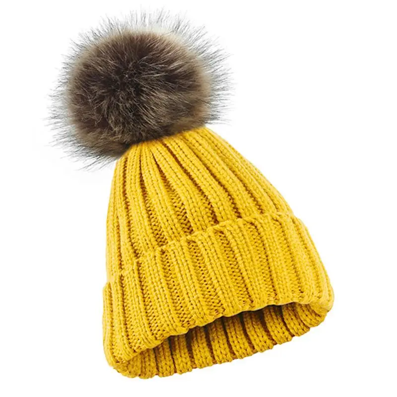 Новинка, женская, Мужская зимняя вязаная шапка в рубчик, одноцветная, однотонная, шерстяная шапка с манжетой, утолщенная шапка с милым пушистым помпоном - Цвет: Цвет: желтый