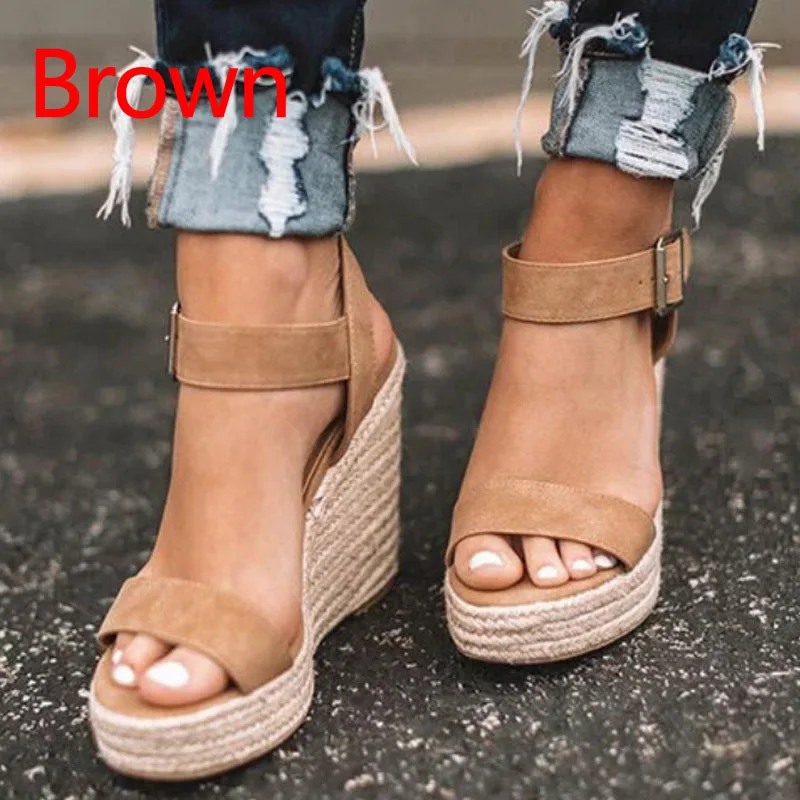 

2019 Women Summer Beach Woven Platform Ankle Strap Wedge High Heel Flip Flop Sandals Pump Shoes Plus Size