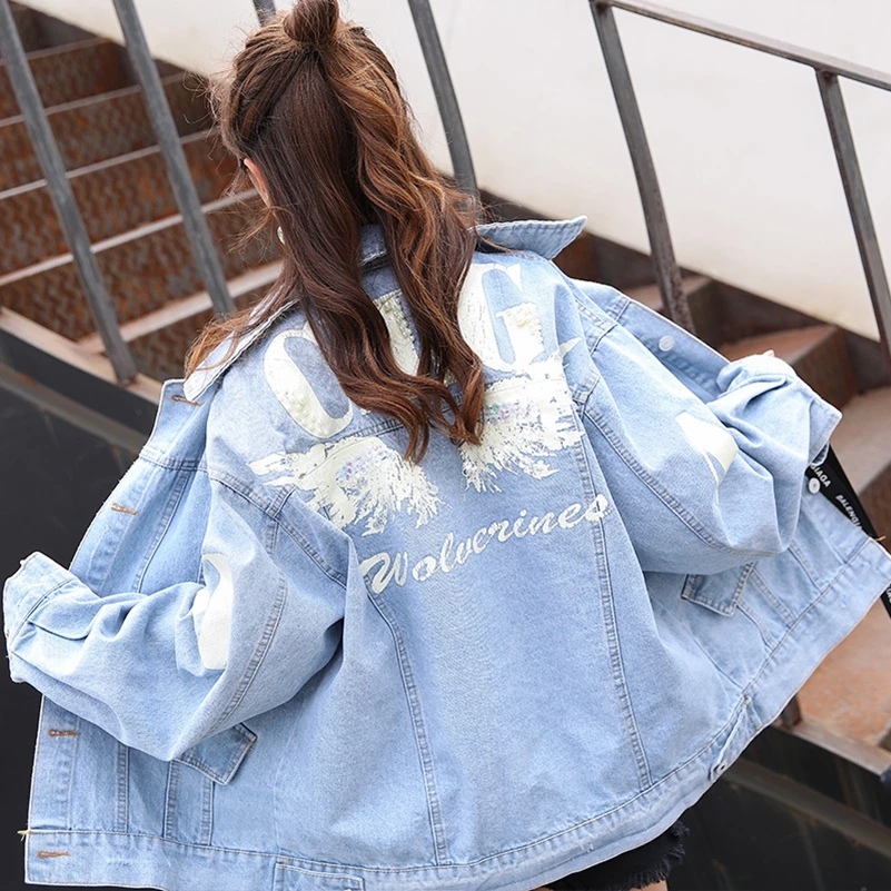 

SexeMara fashion The New Loose Beading letter printing Denim jacket free shipping