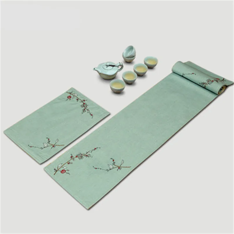 

SBB Chinese classical Poetic style Tea ceremony linen Embroider dedecorate table runner fresh color tea table flag dining room