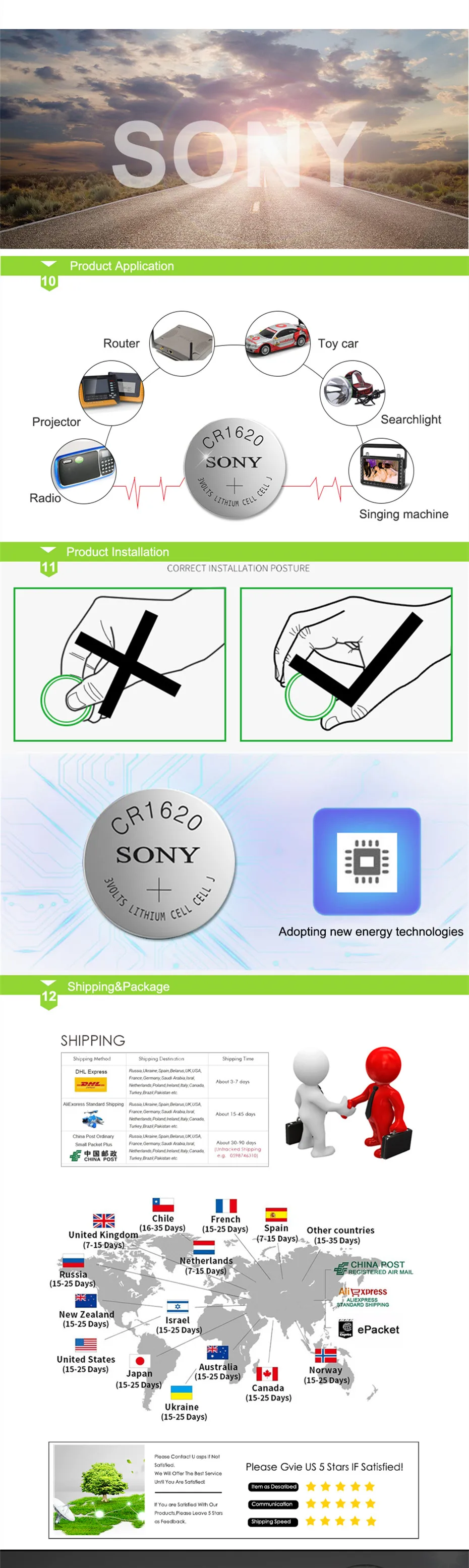 200pc sony 100% original cr1620 botão bateria