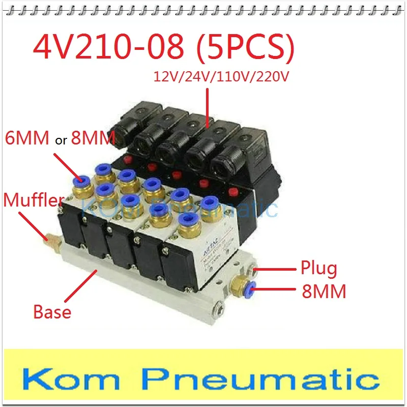 

5 Way Manifold 1/4" bsp 4V210-08 Quintuple Solenoid Valve Set Suit Connect Muffler 6MM 8MM Fitting Base DC 12V 24V AC 110V 220V