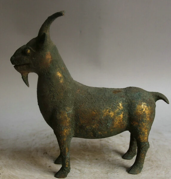 

JP S0522 10" Old Chinese Bronze Gild Folk animal Zodiac Year Sheep Goat Statue sculpture