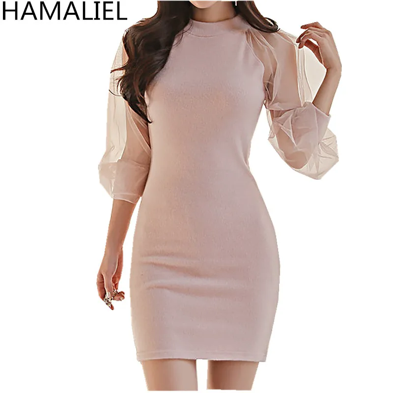 

HAMALIEL High Quality Women Office Lady Bodycon Dress 2018 Spring Pink Patchwork Mesh Long Sleeve O Neck Slim Pencil Mini Dress