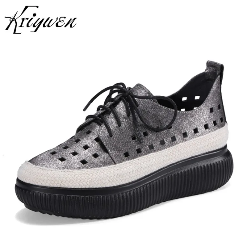 

Kriywen Genuine Leather Fashion Women Casual Shoes Round Toe Brand Lace-Up Dress Pumps Sheepskin Platform High Heels Femmes Pump