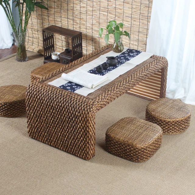 Hand Weave Japanese Tatami Floor Coffee Tables Rattan Wicker Tea Home