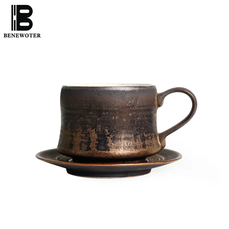 

180ml Vintage Handmade Coarse Pottery Latte Coffee Cup with Saucer Kit Ceramic Green Tea Mug Drinkware Handgrip Milk Cups Gifts