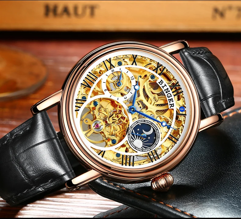 Швейцарские мужские часы Бингер, Большие механические часы, турбийон, кожаный ремешок, фаза Луны, сапфир, водонепроницаемые автоматические часы 43 мм