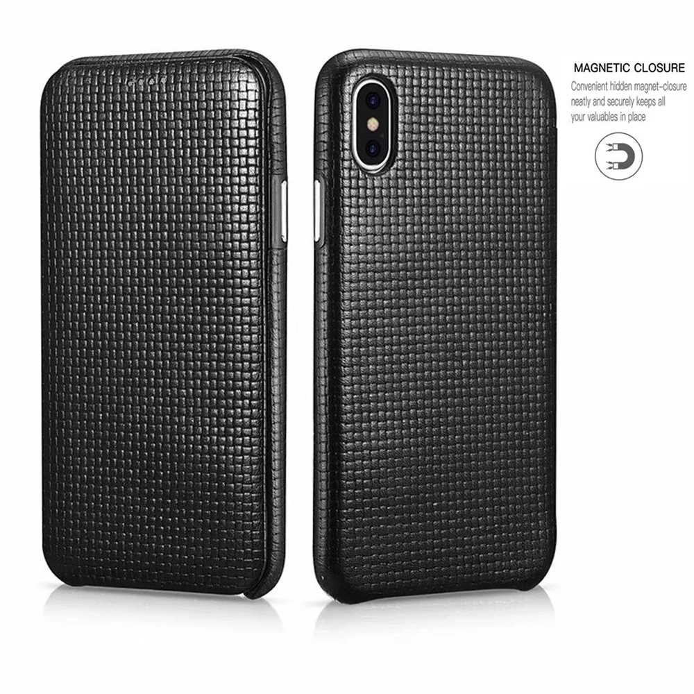 

icarer for iPhone X Phone Cases Real Leather Magnet Flip Wallet Case for Apple iPhone X Luxury Folio Cell Phone Cover Check Skin