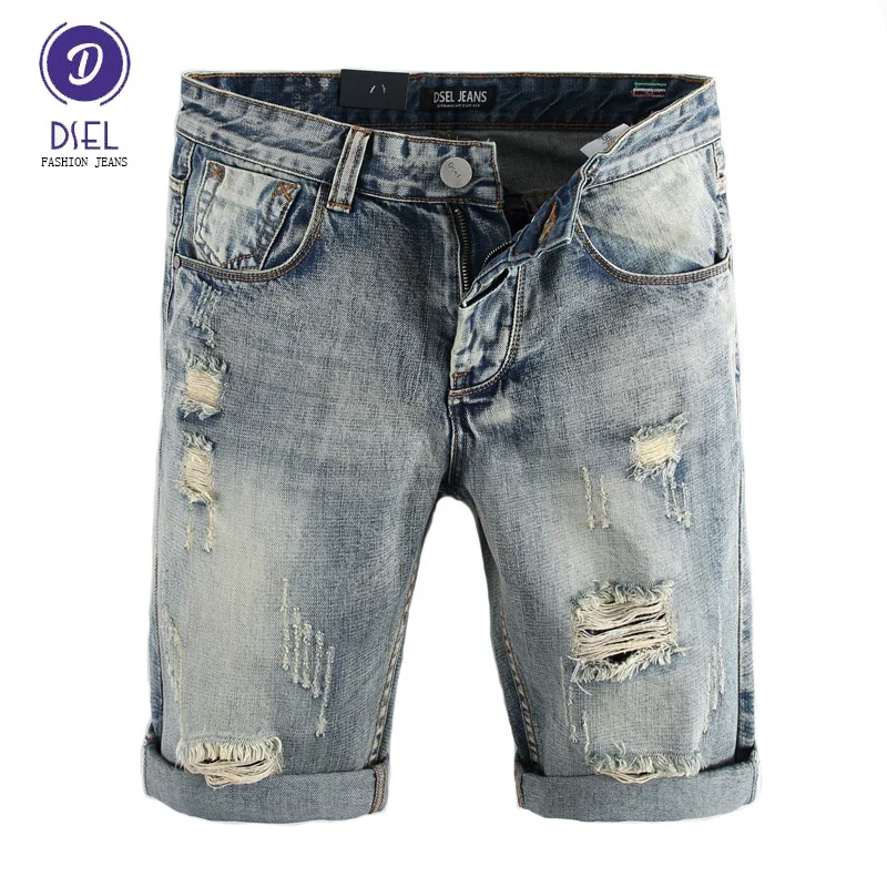 

DSEL Brand Mens Jeans Shorts Summer Style Fashion Destroyed Short Ripped Jeans Men Shorts Knee Length Denim Shorts Size 29-38