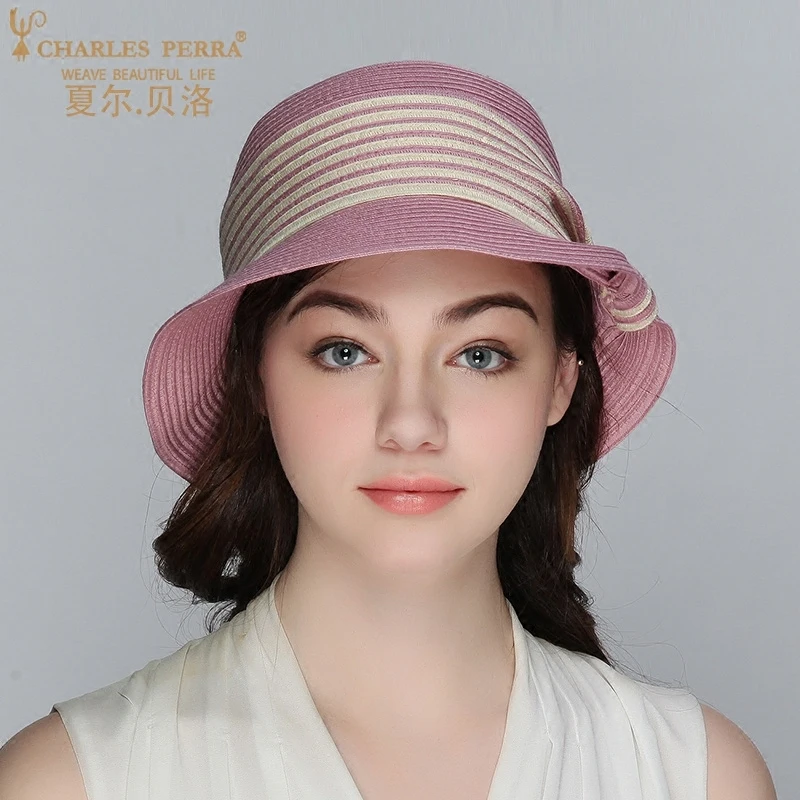 تشارلز perra الشمس القبعات النسائية الصيف جديد طوي الشمس مخطط القش الشاطئ سيدة قبعات قبعة الأزياء الأنيقة 6535