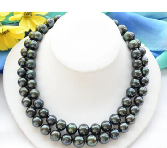 

Free shipping@@@@@ Huge 2strands 14mm ROUND BLACK Freshwater cultured PEARL NECKLACE (Z6464)