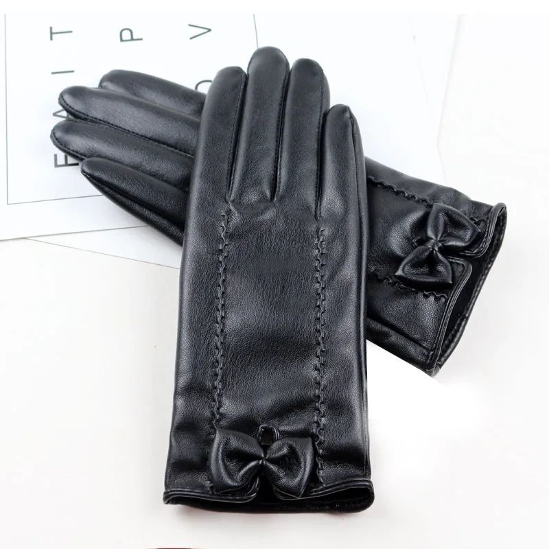 Longkeperer Модные женские кожаные перчатки из искусственной кожи с бантиком, перчатки для пальцев, варежки с сенсорным экраном, теплые кашемировые Мотоциклетные Перчатки