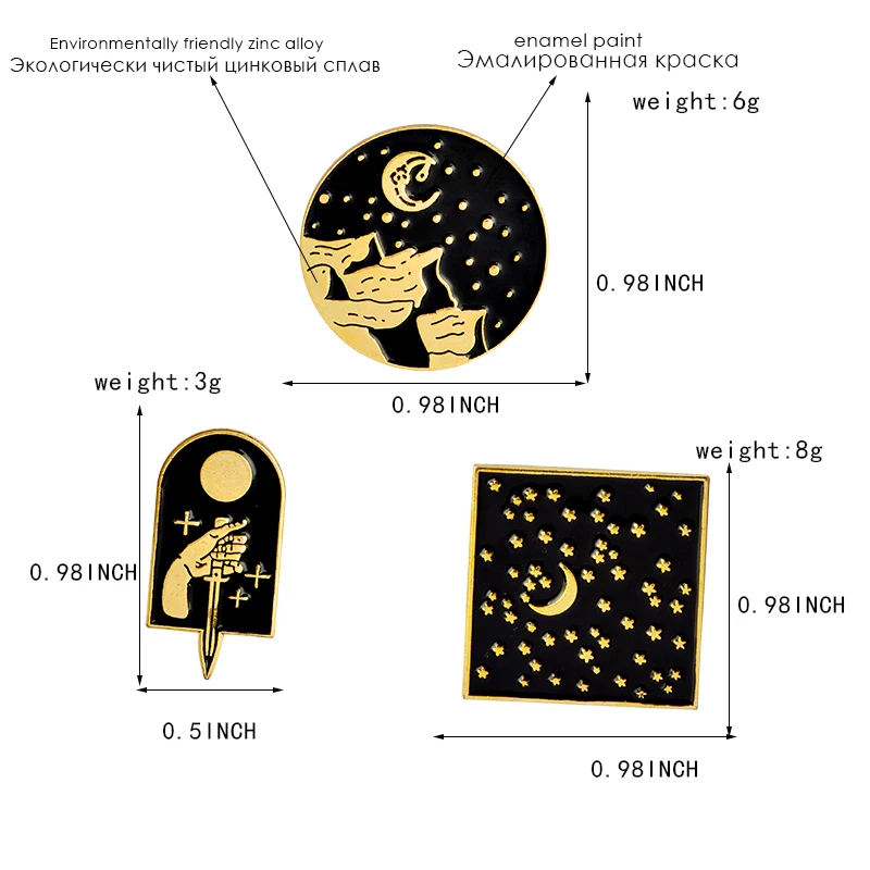 Qihe ювелирные изделия 3 шт./компл. «Луна», «Звезды» горный кинжал Золотой/серебристый темно геометрические эмали штырь набор нагрудные значки броши