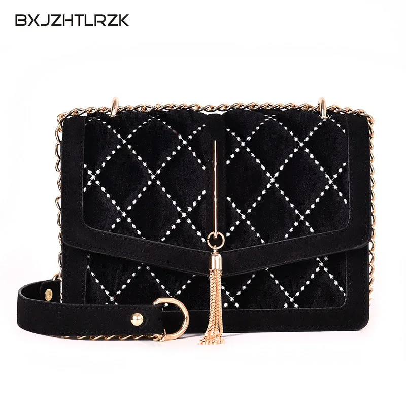 

2018 Winter Design Velvet Plaid Noble Blue Lady Shoulder Bag Party Ball Queen Metal Tassel Small Square Chain Crossbod Bag