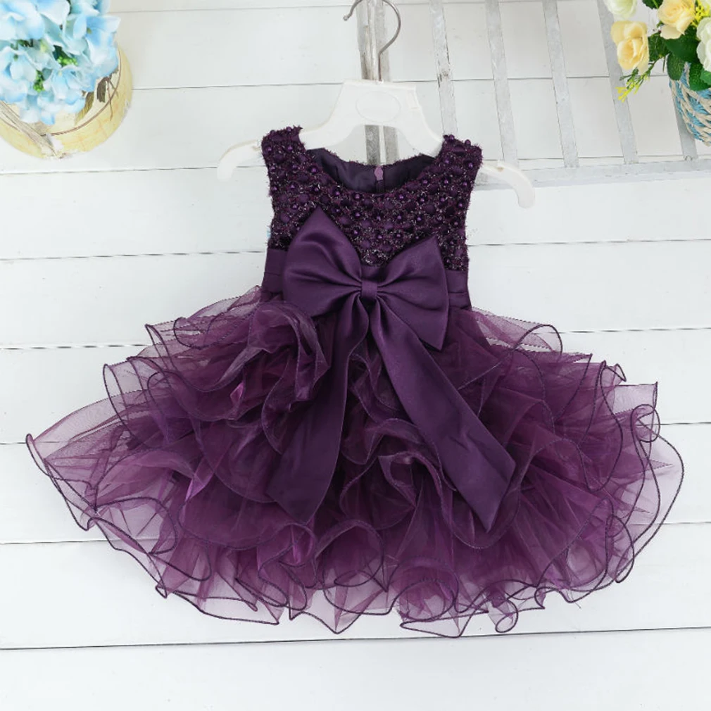 

Kids Girls Bow Lace Beading Princess Sleeveless Dress Party Wedding Layered Flower Dress Clothes New Brand