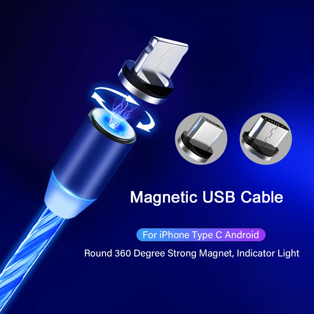 Магнитный usb-кабель для зарядки светодиодный светящийся яркий струящийся 2.4A Быстрая зарядка Micro usb type C магнитное зарядное устройство для iphone 7 Android USBC