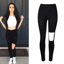 NiceMix рваные джинсы женские эластичные узкие брюки тонкие джинсы с высокой талией для женщин черные женские брюки плюс размер