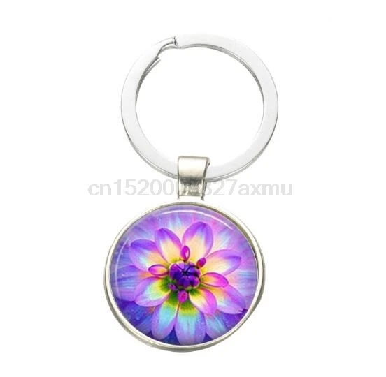 

500PCS Glass Gem Key Chains Yoga Mandala Blue Picture Key Holder Handmade summer jewelry Keychain bijoux car key ring