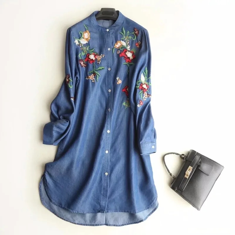 

Spring Women Floral Embroidery Denim Dress Vintage Blue Long Sleeve Casual Dresses Summer Plus Size Shirt Dress